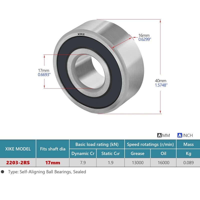 Xike 1 Pcs 2203-2RS Sealed Self-Aligning Ball Bearings 17x40x16mm, Lubricated and Chrome Steel Fits DIY/Fans/Industrial/Agriculture/Pulp/Paper/Beverage/Textile/Material Handling Machinery. - Image 2
